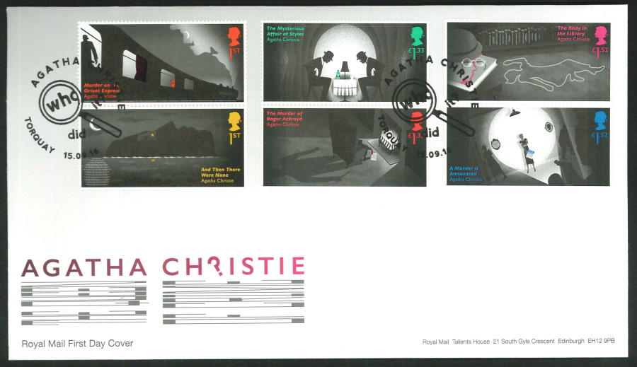 2016 - Agatha Christie, First Day Cover, Who Did It?, Torquay Postmark